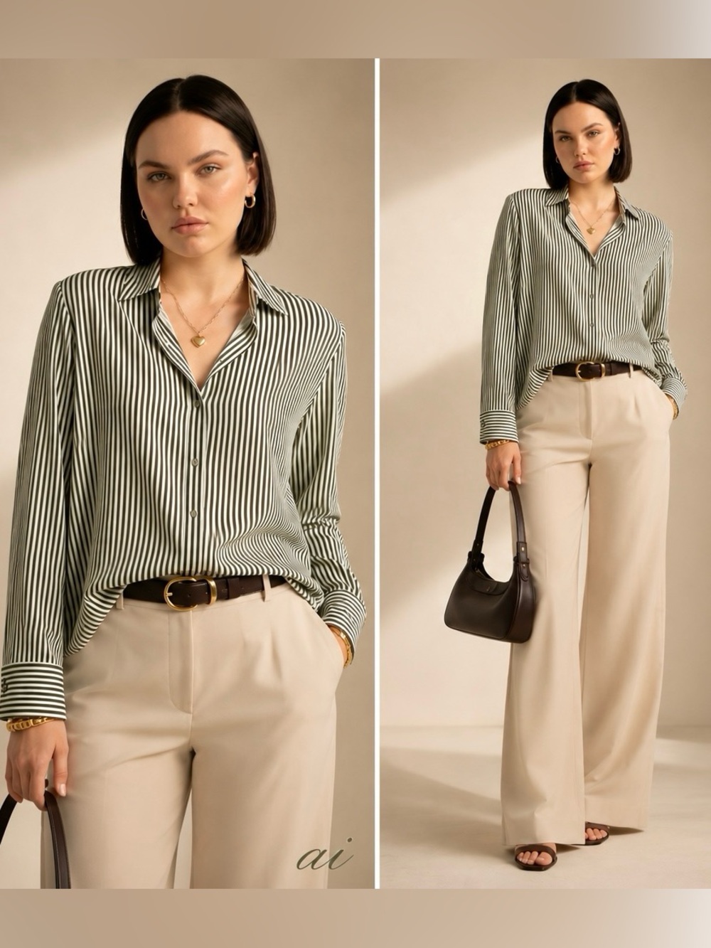 Philosophy Olive Green and White Striped Top Size S